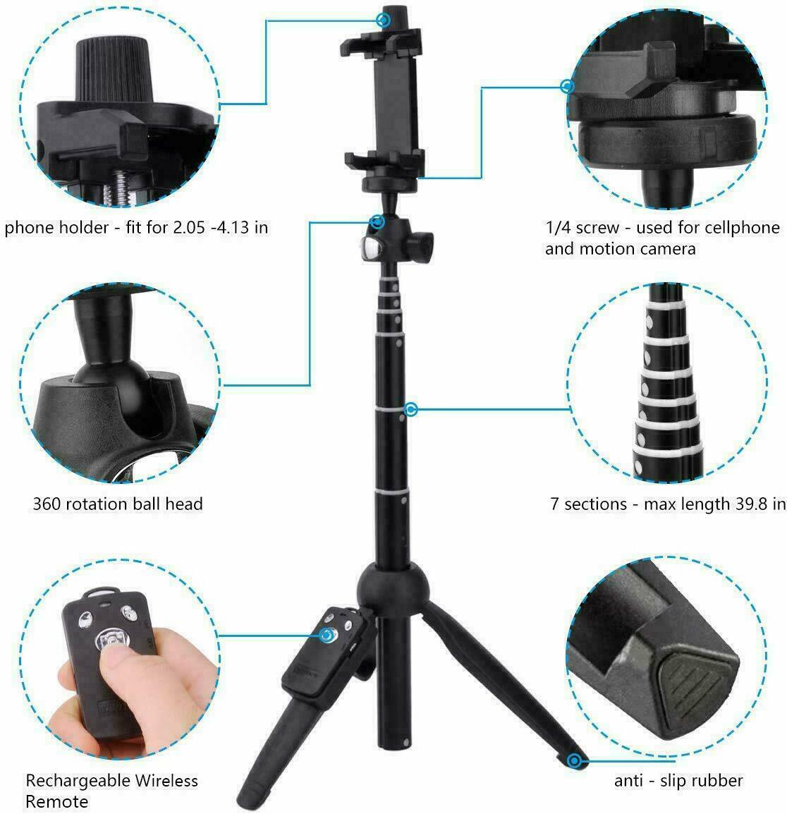 Selfie Stick Tripod 40" Bluetooth Remote Portable for iPhone and Android