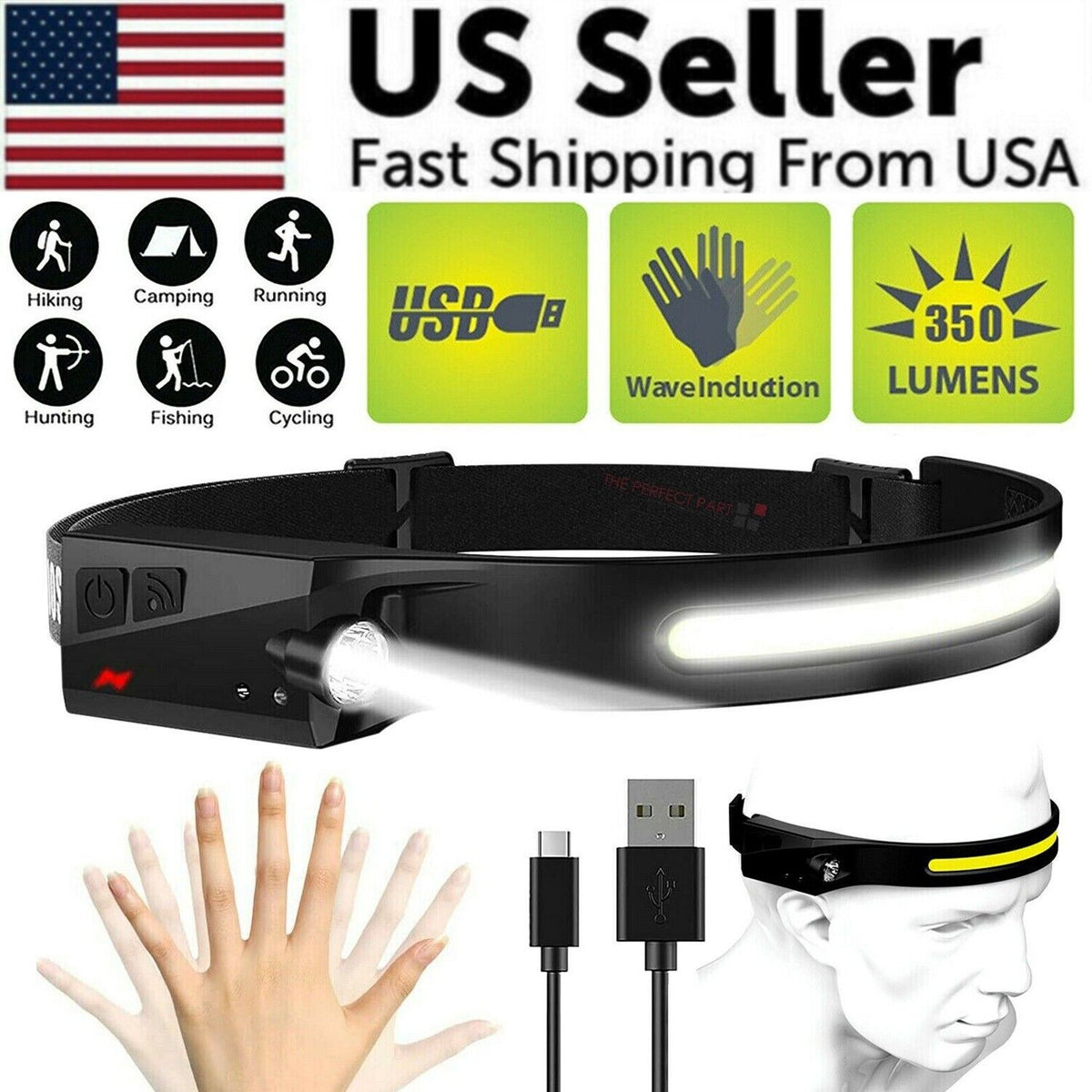 COB LED Headlamp USB Rechargeable Headlight Torch Work Light Bar Head