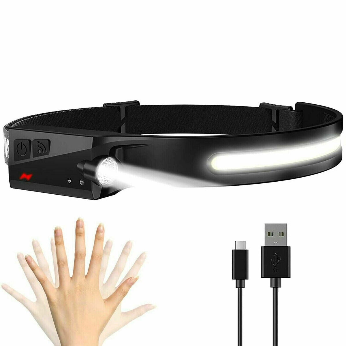 COB LED Headlamp USB Rechargeable Headlight Torch Work Light Bar Head